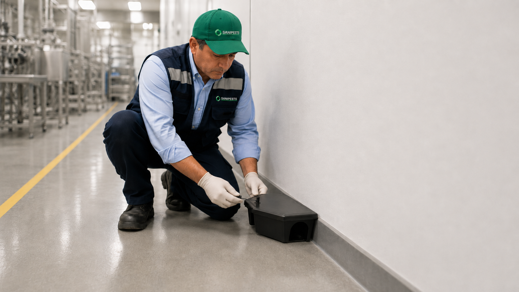 Técnico Sanipests instalando una estación de monitoreo de roedores en una planta de alimentos